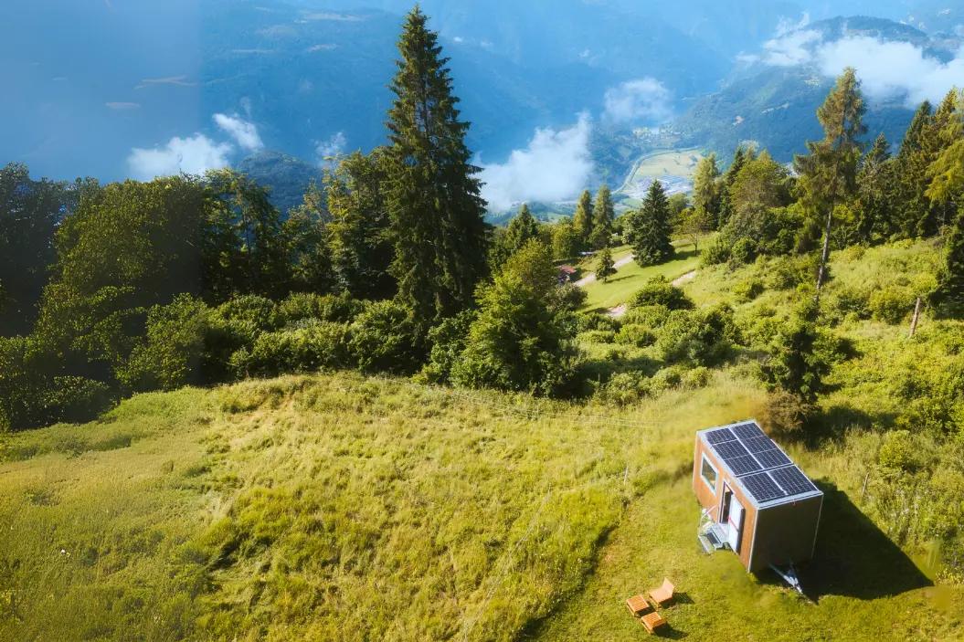 Drone view of the Friland house at Cima Lan in the Dolomites near Arsie